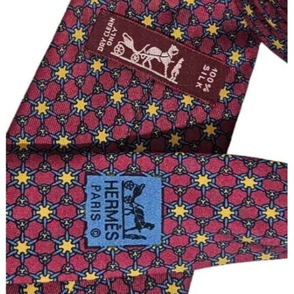 HERMÈS Men's 100% Silk Necktie LUXURY Tie 7051 TA Burgundy Chain W:3.2" EUC - Picture 3 of 4
